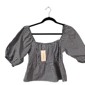 Sim‎ & Sam Navy Blue Striped Smocked Square Neck Puff Sleeve Top Blouse Preppy